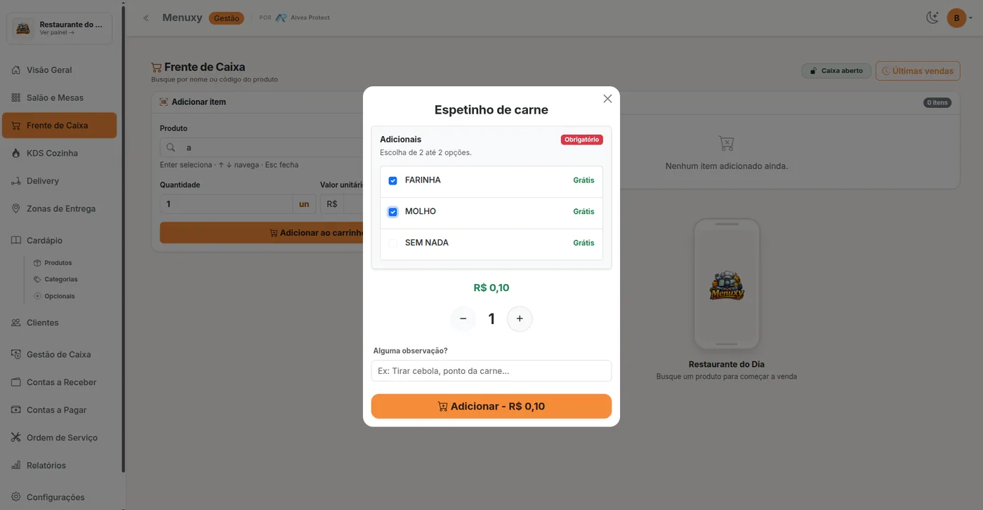 Escolha de acompanhamentos de um item no Menuxy