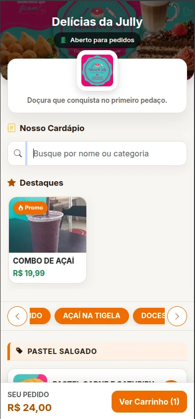 Cardápio online do Menuxy aberto no celular do cliente