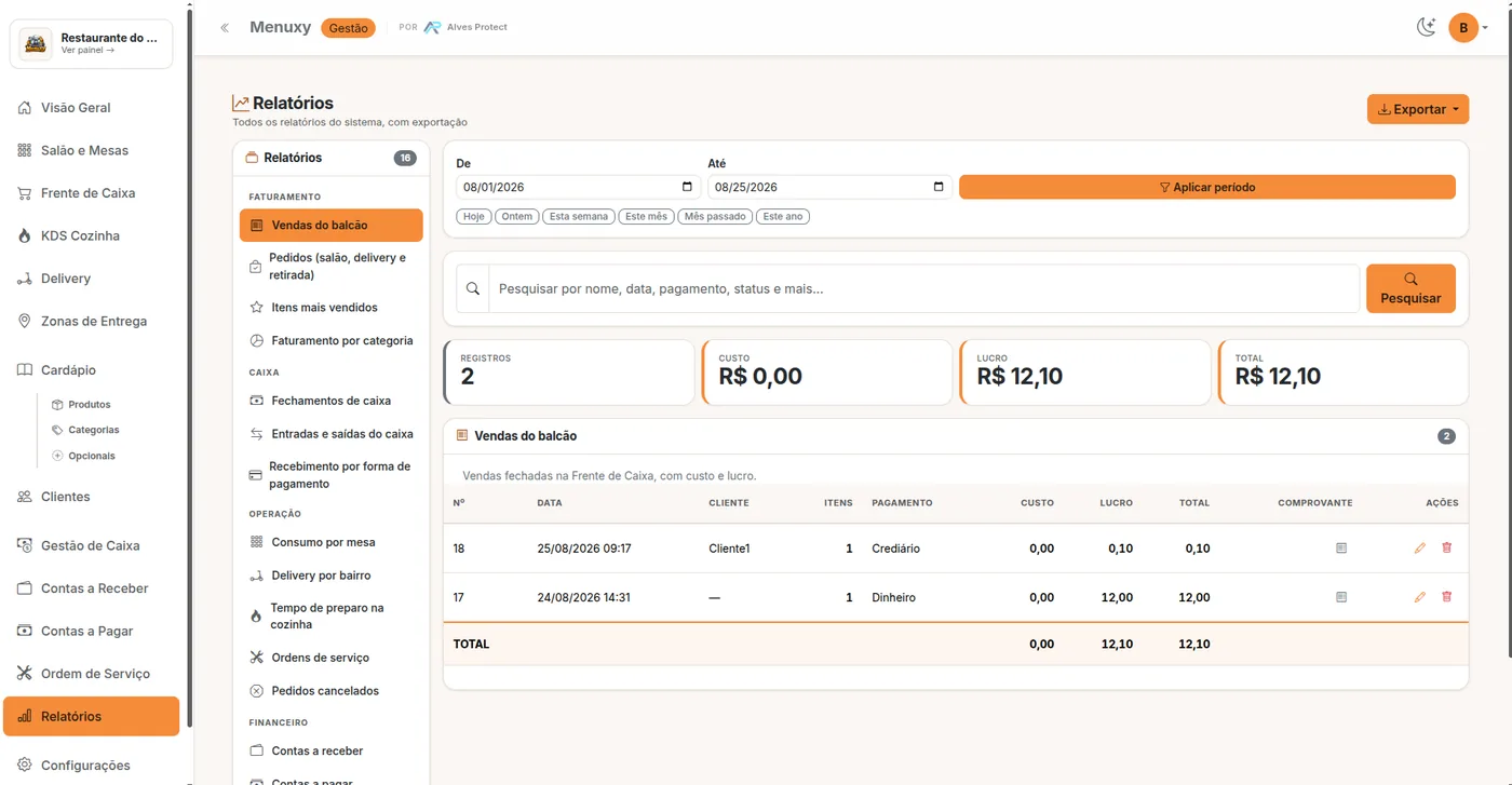 Relatórios do Menuxy com vendas, custo e lucro do período