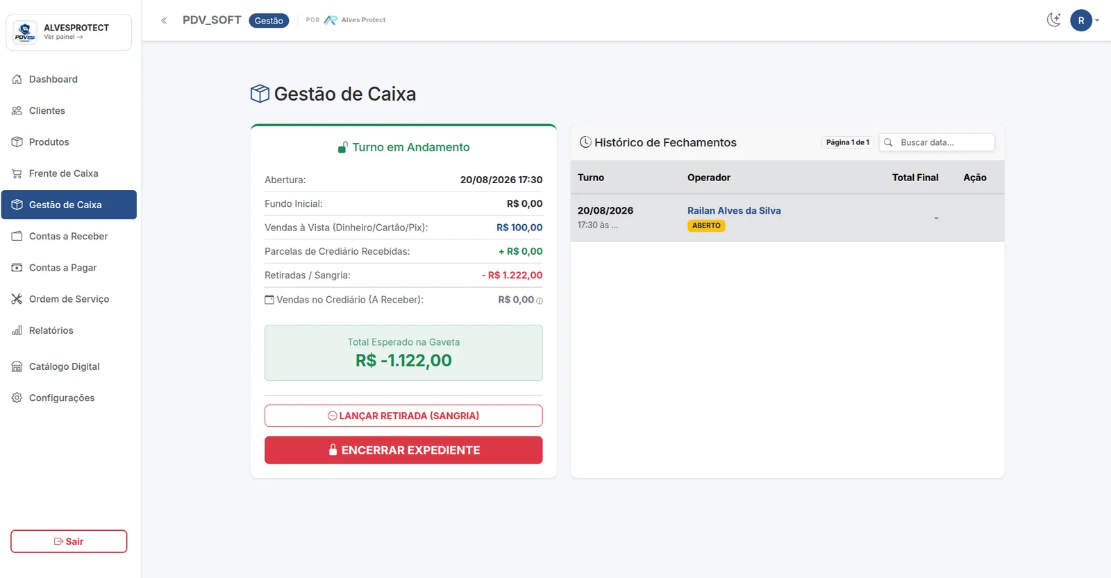Fechamento de caixa do PDV Soft com o total esperado na gaveta