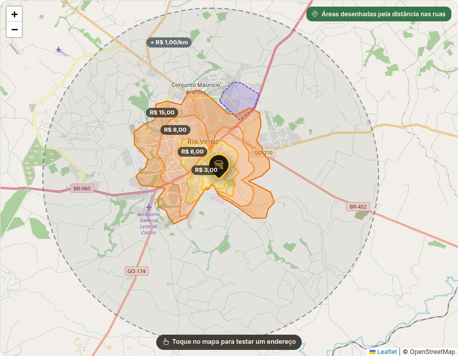 Mapa real de Rio Verde no Menuxy com zonas e faixas de entrega por distância