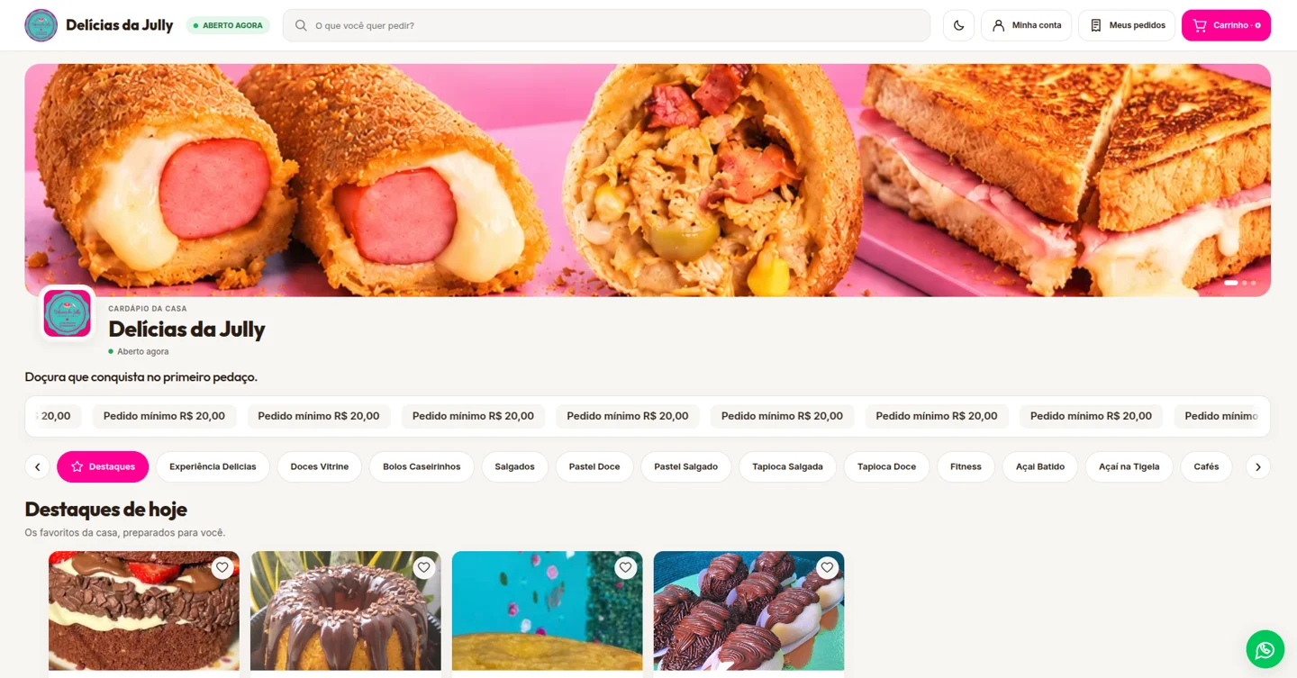 Cardápio Delícias da Jully: banner, categorias e produtos em destaque