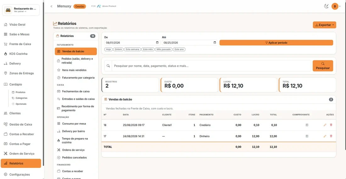 Relatórios do Menuxy em uma demonstração protegida