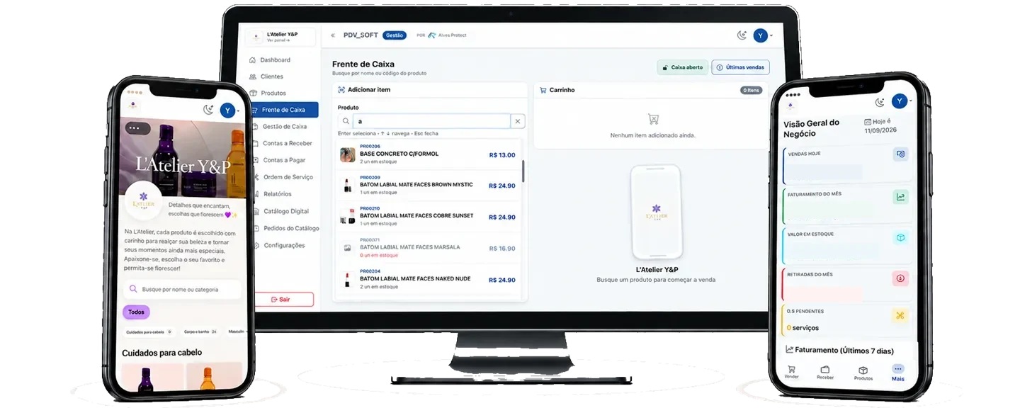 PDV Soft no computador e em dois celulares, com caixa e catálogo